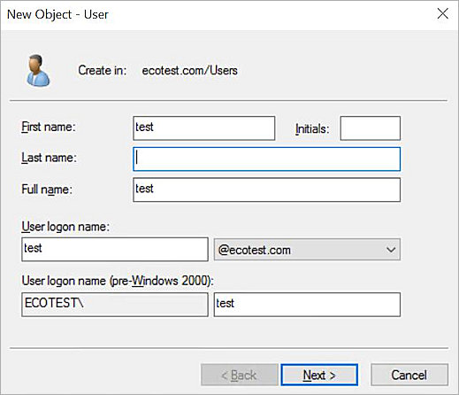 Screen shot of User name as Test